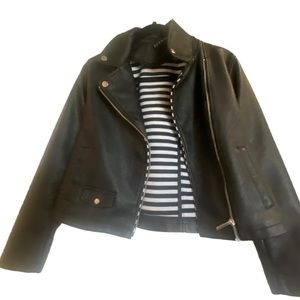 Bernardo Vegan Leather Biker Jacket striped interior, black (Child 14/16 = W XS)